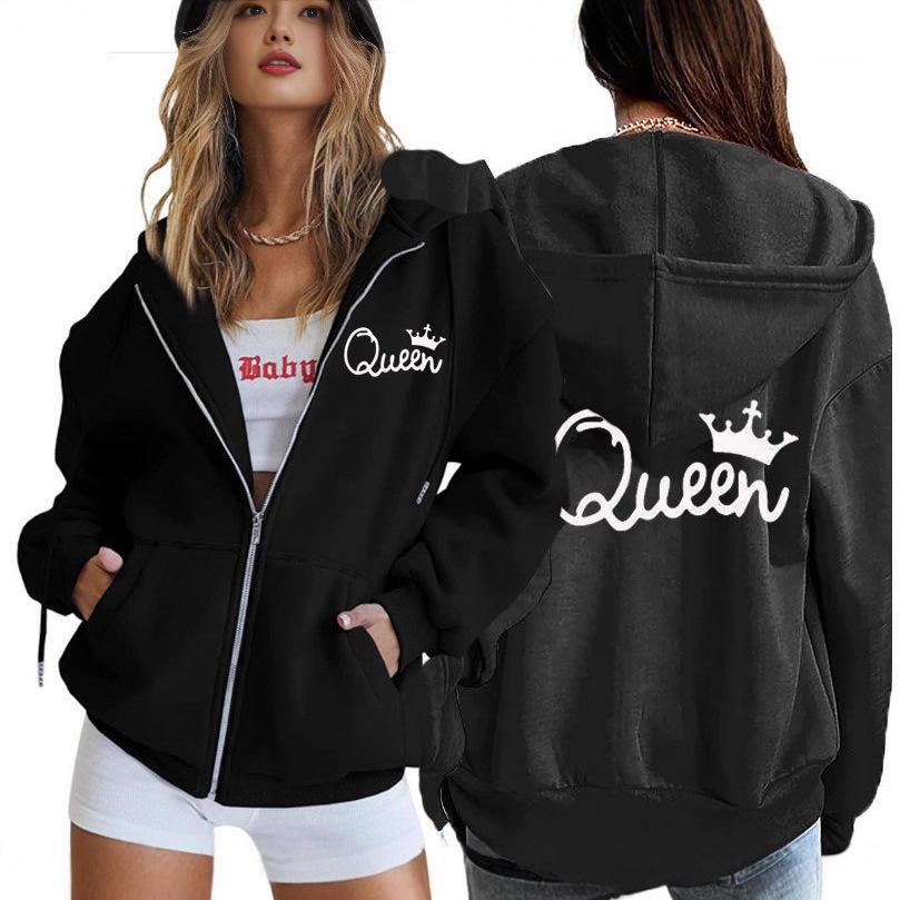 Queen Crown Print Women's Zipper Pocket Hoodie and Baseball Jacket.