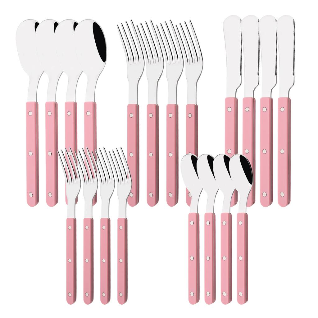 20 PCS Stainless Steel Flatware Set Service for 4, Retro Style Tableware Forks Spoons Knives Eating Utensils, Acrylic Handle with Rivets Design