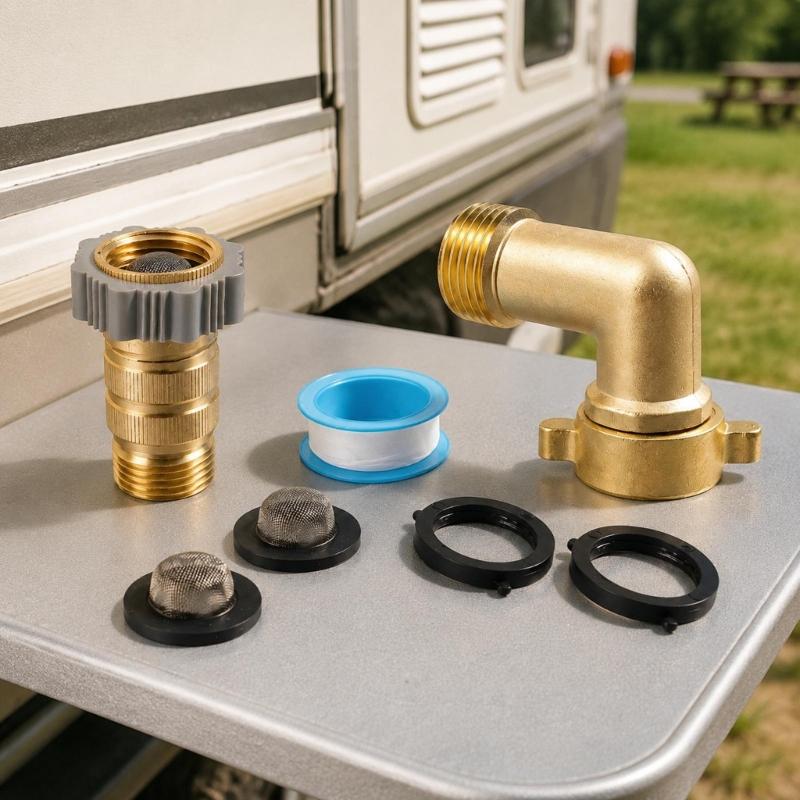 Brass Motorhome Water Pressure Regulator Kit with 3/4 Garden Hose Thread, 90 Degree Elbow Adapter, Seal Tape and Washer Accessories