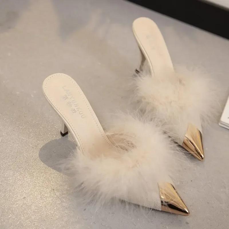 Модные летние женские туфли-лодочки на каблуке с перьями, модные простые мюли-шлепанцы, женские шлепанцы на шпильке, туфли для женщин, каблуки