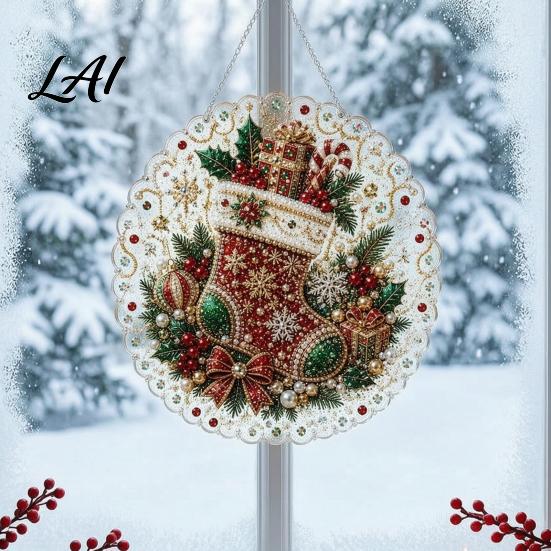 Handmade Festive Ornament Materials Christmas Faux Pearl Painting Suncatcher Kit Cute Santa Snowman Tree 3D Beaded DIY Art Set Ornament Holiday