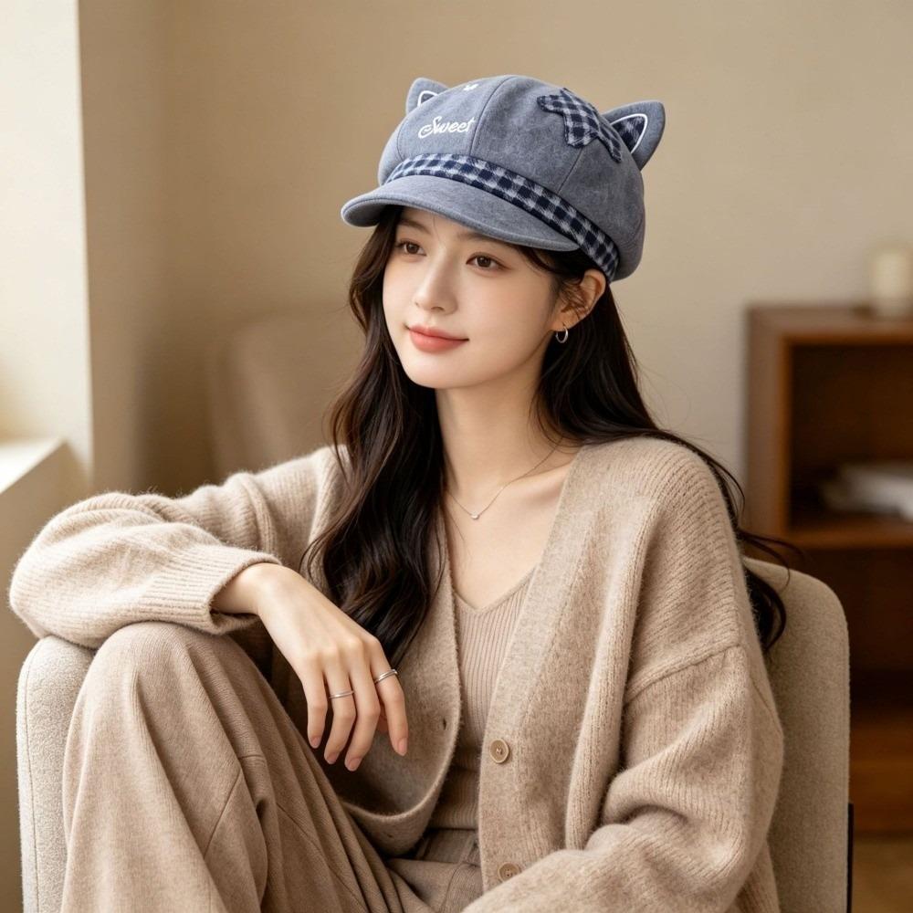 Autumn and Winter Women Octagonal Hat Japanese Style Newsboy Hat Cat Ears Beret Cap Punk Goth