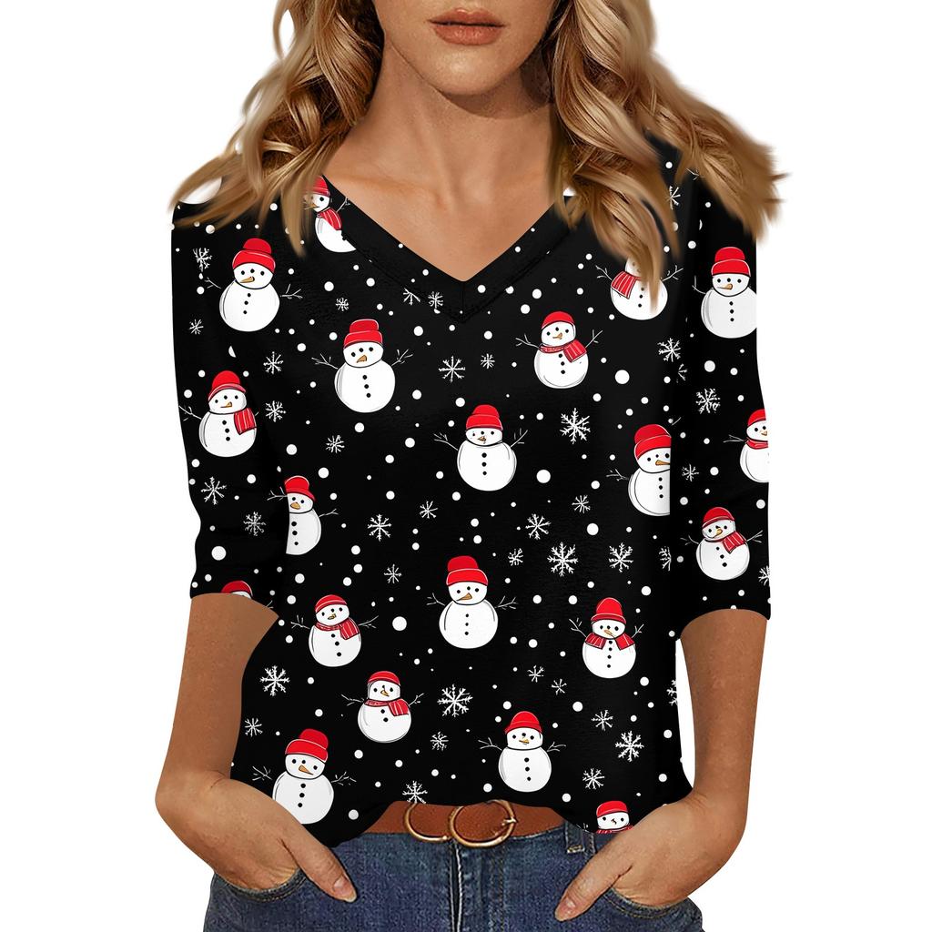 Women's T Shirt CHristmas Print 3/4 Sleeve Daily Weekend Fashion Basic V- Neck Regular Top