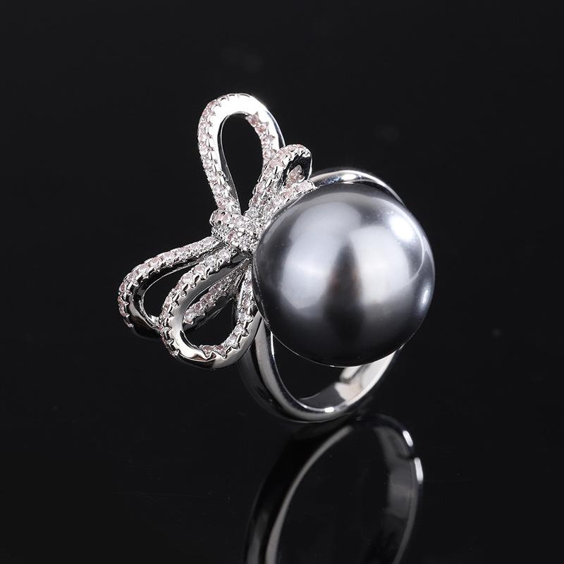 Ювелирные изделия Медное основание Позолоченное Инкрустированная серая бусина Бант Усыпанный бриллиантами Женский 14 мм