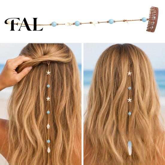 Boho Wedding Hair Pieces Beach Mermaid Clip, Starfish Shell Bead Chain for Women, Coastal Style Pins Summer Vacation Styling Tool Festival