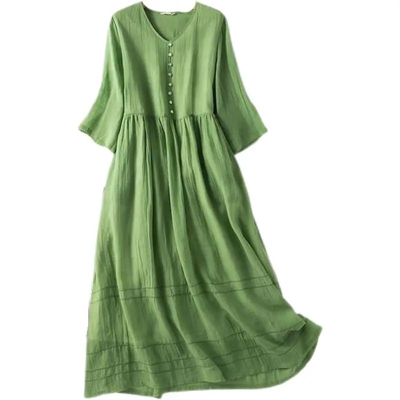 Cotton Linen Dress Women Slim Temperament Half Sleeve Loose Dresses Fashion Solid Color Casual Elegant Dress Summer Trend Thin