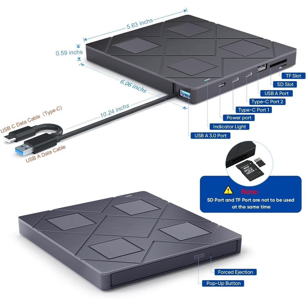Внешний CD/DVD привод с 2 USB-портами, 2 портами Type-C и слотами для карт TF/SD. Портативный CD DVD пишущий плеер для ноутбука, настольного ПК