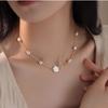 Radiant Rose Pendant Necklace: Titanium Steel, Rice Grain Freshwater Pearls, Mother-of-Pearl Stars, Women's Clavicle Chain