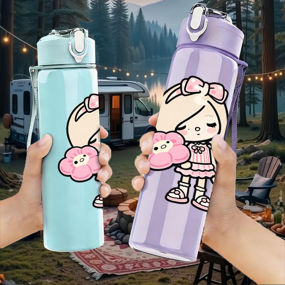 1PC Pink Dress Chibi Girl Doll 750ml Color Plastic Sports Water Bottle Leakproof Flip Straw Lid Suitable for Sports Office Home Use