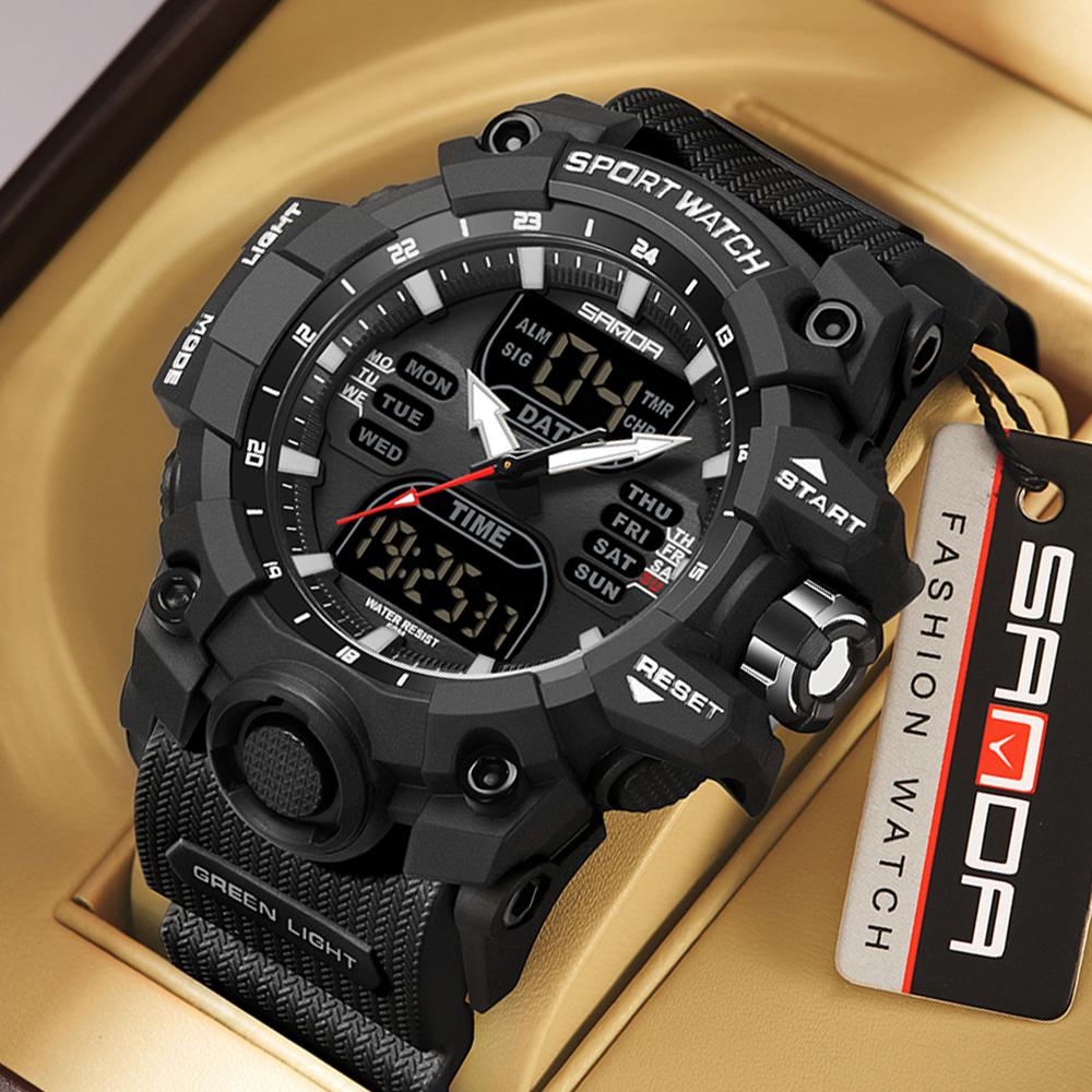 SANDA Спортивные военные мужские часы, роскошные часы с двойным дисплеем, водонепроницаемые кварцевые наручные часы 50 м для мужчин