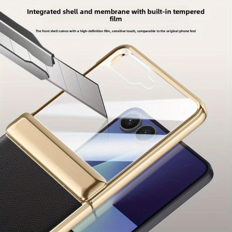 For Samsung Galaxy Z Flip 7 6 Flip7 Flip6 Phone Case with Screen Protector & Hinge Protection PU Leather Plating Frame Cover