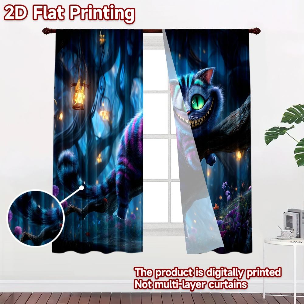 2D flat printing 2pcs Curtains Cheshire Cat Wonderland Whimsical Cat Digital Printed Polyester Drapes Family Party for Home Wall