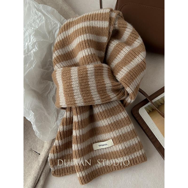 Зимний Теплый Полосатый Шарф из Чистой Шерсти Корейский Стиль Универсальный Вязаный Шарф