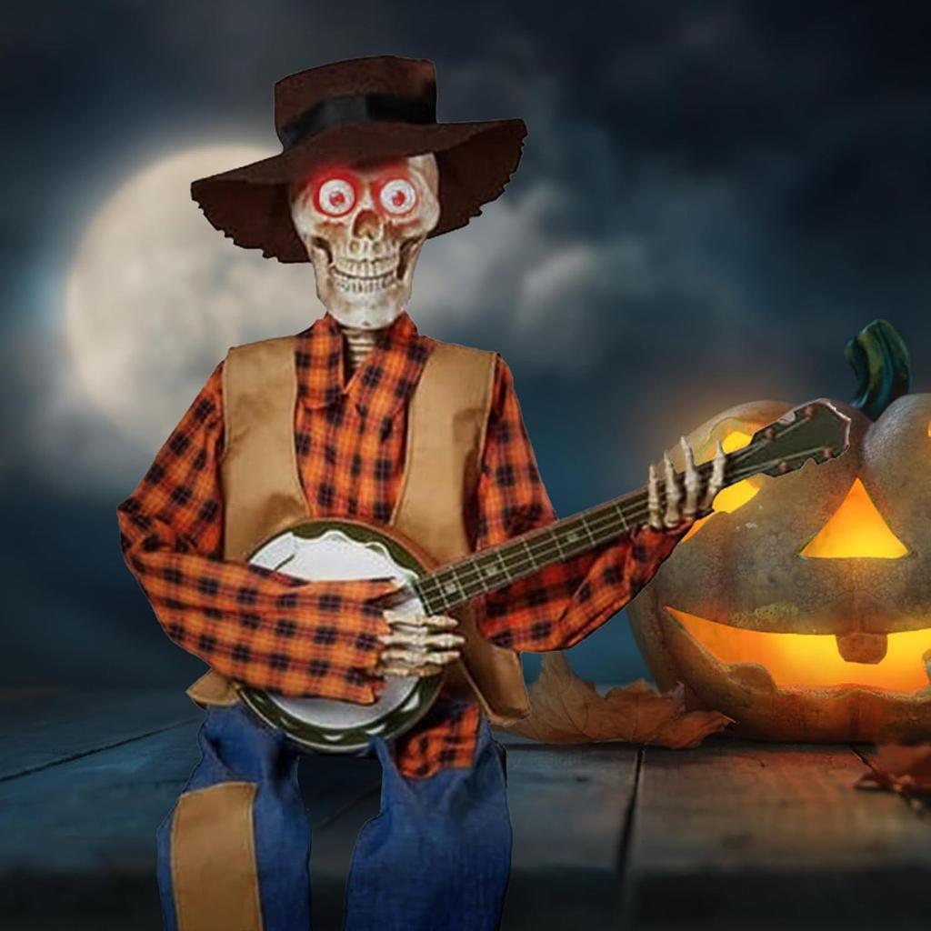 Halloween Animated Banjo Playing Skeleton Glowing Singing Cowboy Skull Guitar Statue with Moving Arms & Head, Spooky Music Gifts