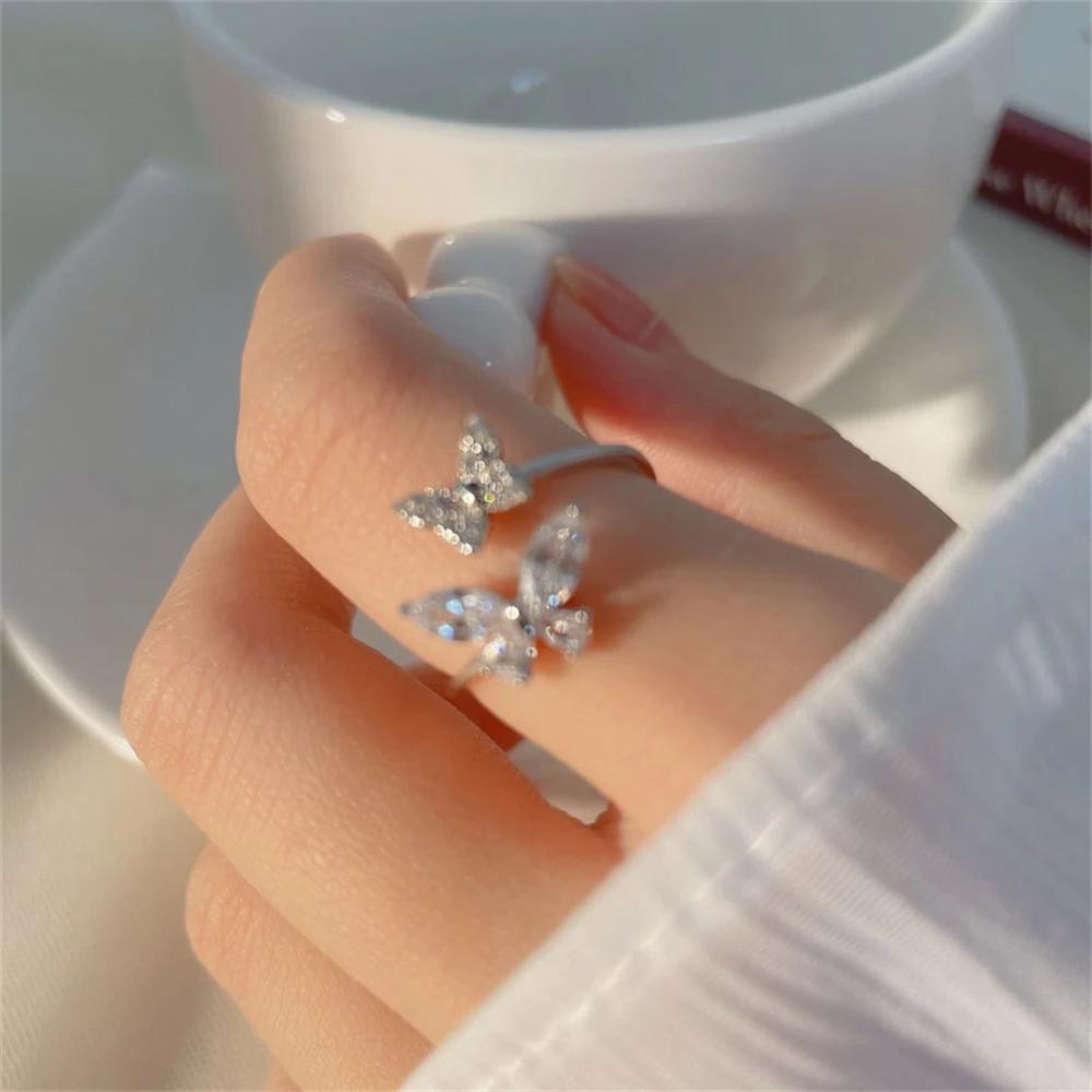Pretty Crystal Butterfly Opening Rings for Women Exquisite Cubic Zirconia Gold Silver Color Adjustable Ring Fashion Jewelry Gift
