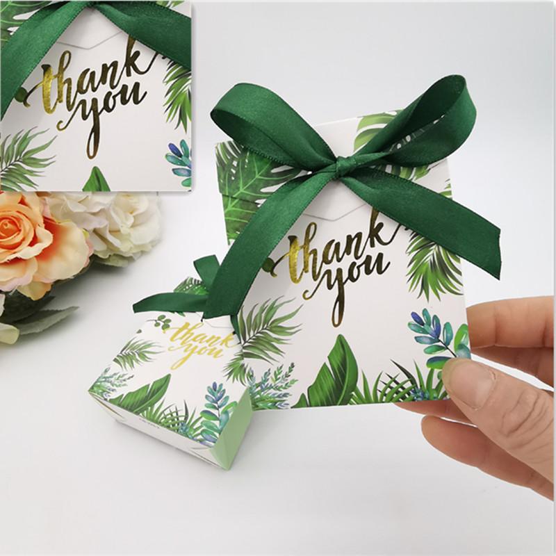 10pcs Jungle Gift Bags Green Ribbon Wedding Favors Candy Box Thank You Gifts Handbag Leaf Cookie Chocolate Packaging Party Decor