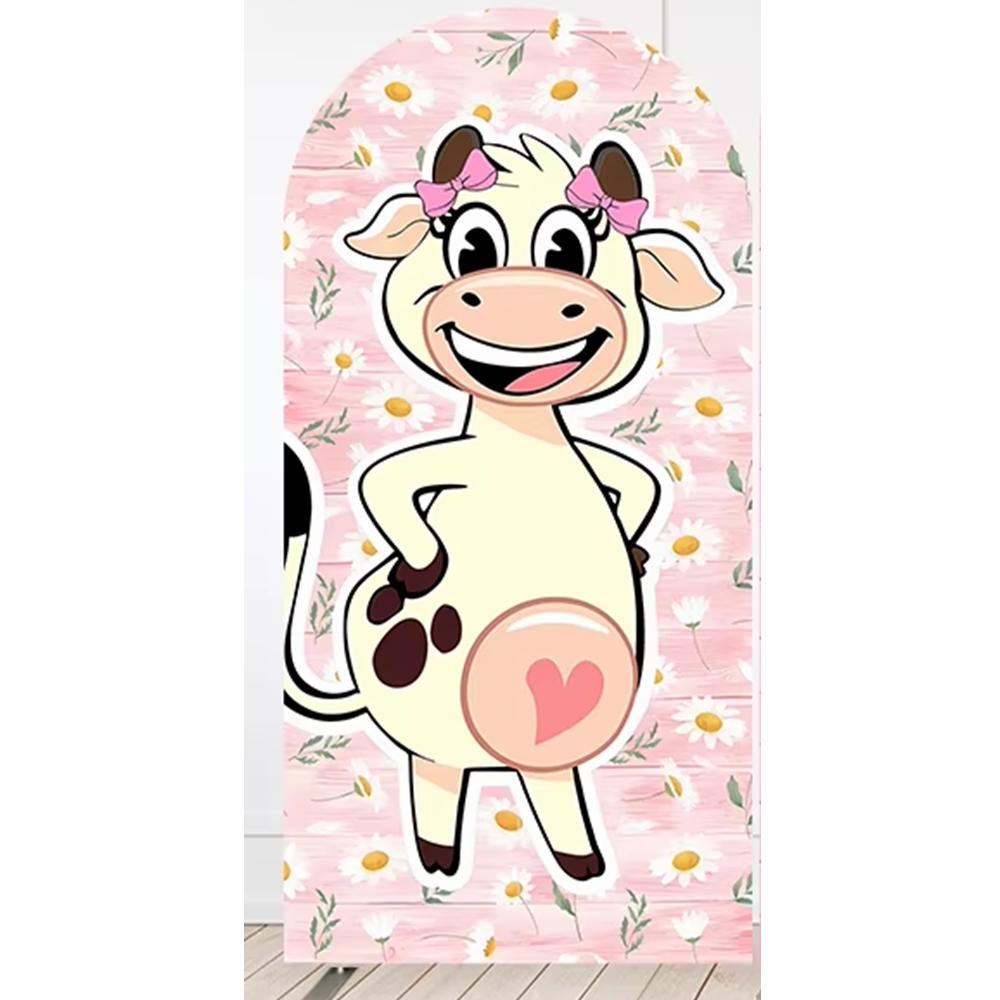 BEPAN Pink cow theme arched column background customizable baby birthday party christening baby shower decoration props stretch fabric