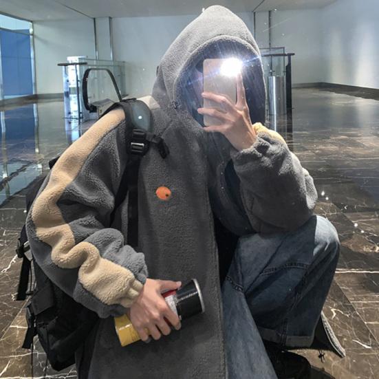 Мужская куртка с капюшоном, зимняя теплая толстая толстая искусственная шерпа, подол с завязками контрастного цвета, карман на молнии с длинными рукавами, свободная посадка, негабаритное студенческое мужское повседневное пальто