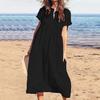 Women's Cotton Linen Maxi Dress Casual Short Sleeve V-Neck Sundress Loose Beach