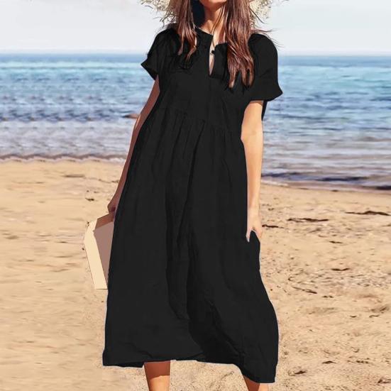 Women's Cotton Linen Maxi Dress Casual Short Sleeve V-Neck Sundress Loose Beach
