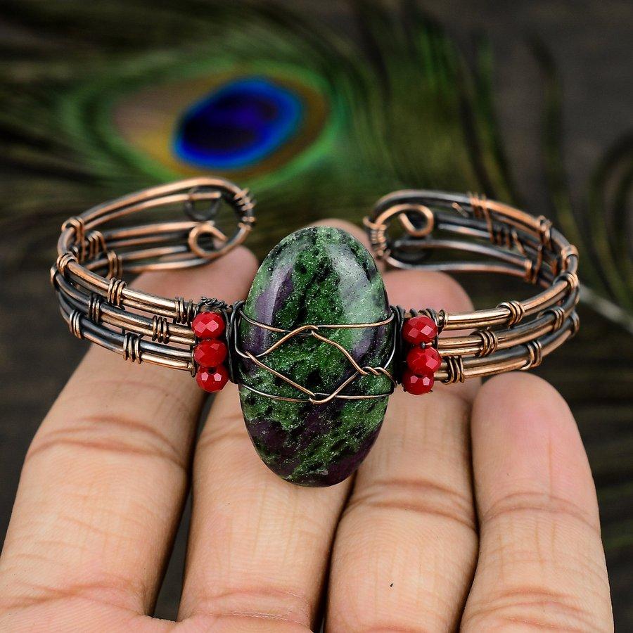 Ruby Zosite Lab-Created Handmade Copper Wire Wrap Cuff Bangle Adjustable Y8p71