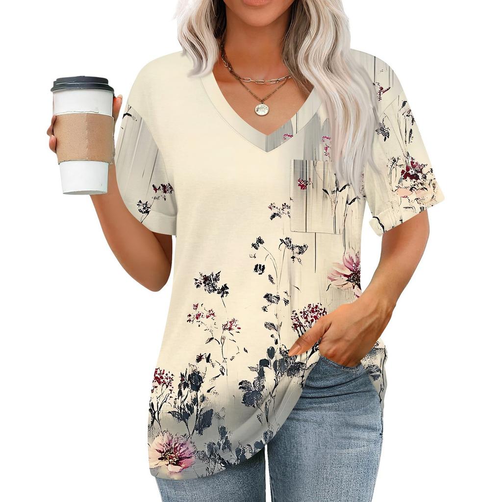 Womens Tops V-neck Short Sleeve Blouses Casual Fashion Print Tunic Tops With Pockets