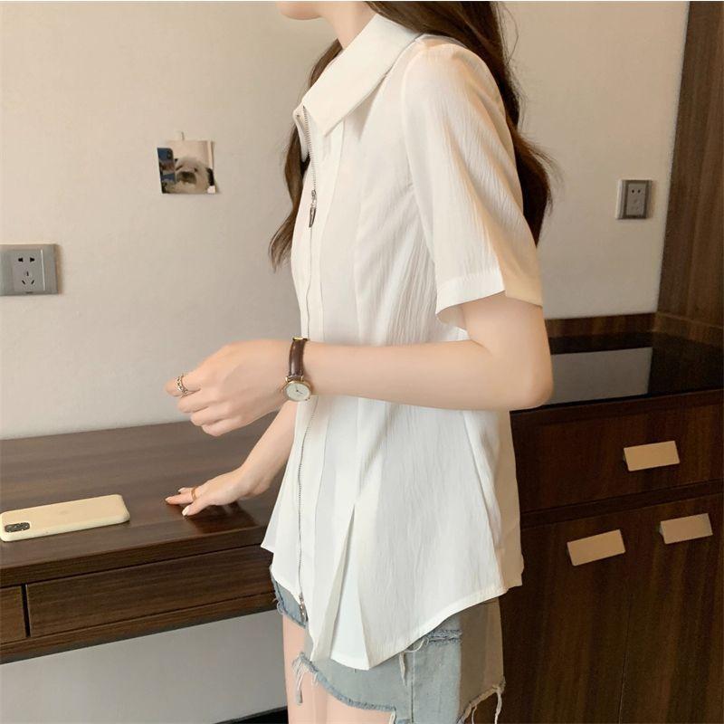 Корейский стиль Дизайн Поло Воротник Двойная Молния Белая Рубашка С Короткими Рукавами Летний Топ Для Женщин