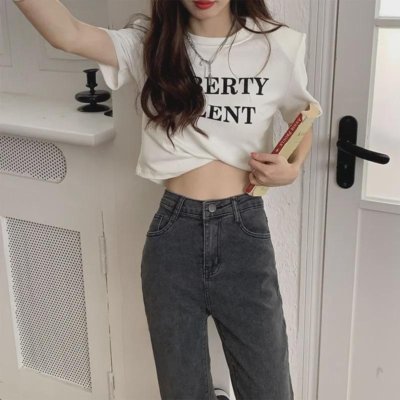 Сине-серые узкие прямые джинсы с высокой талией для женщин - эластичные брюки-сигареты с необработанным краем на осень/зиму (Маленький размер)