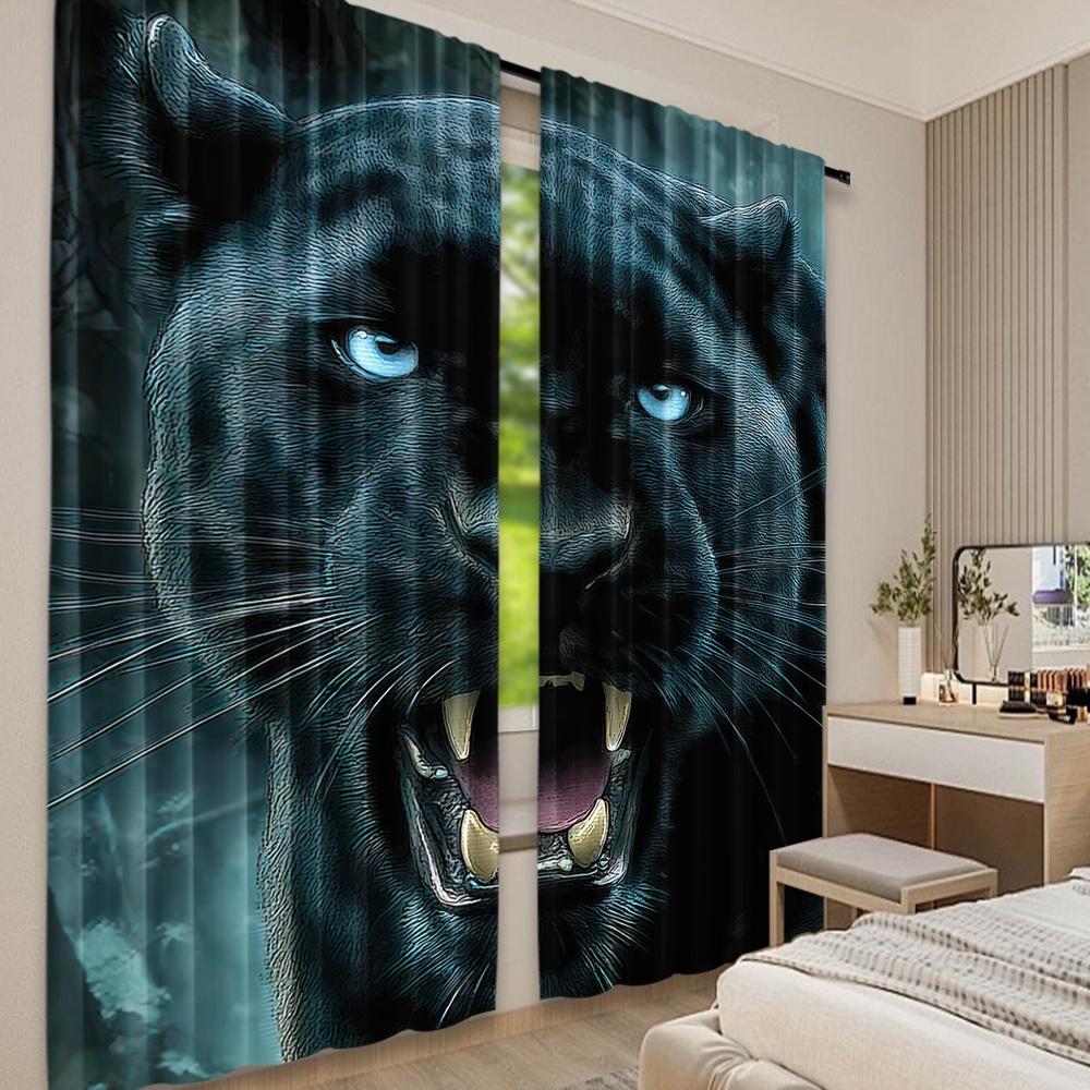 2D Flat Printing 2Pcs Curtain Curtain Fierce Black Panther Digital Printed Polyester Drapes Birthday Party Perfect For Yard &