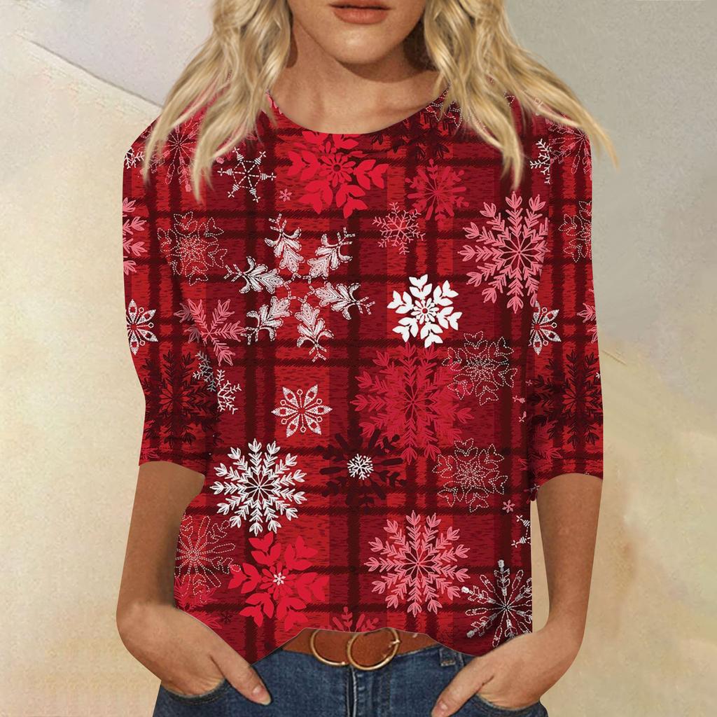 Women's Fashion Casual Seven Sleeve Christmas Printed Round Neck Top