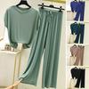 2 Pcs/Set Women Summer Pajamas Comfortable Elastic Waist Solid Color Loose Drawstring Sleeping Wide Leg Short Sleeves Sports T-shirt Pants Set