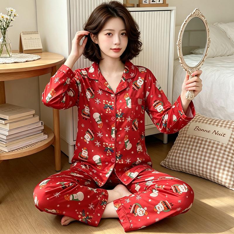 Sweet bear ice silk satin loungewear pajamas women's autumn long-sleeved trousers two-piece set can be worn outside