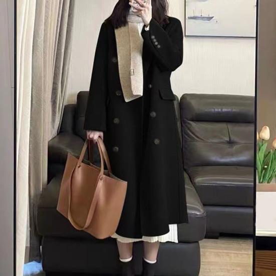 Женское осенне-зимнее длинное шерстяное пальто с лацканами и длинными рукавами, двубортная верхняя одежда с карманами, однотонное теплое женское пальто