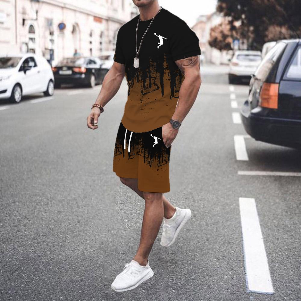 Лето 2024 года, популярный мужской комплект из футболки и шорт, мужской спортивный комплект с принтом для отдыха, модный комплект из футболки с коротким рукавом, мужской комплект для бега трусцой