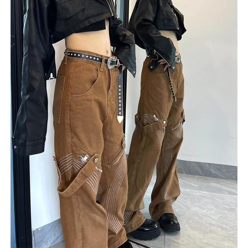 Женские коричневые винтажные джинсы в стиле гранж Y2K, джинсовые брюки в стиле хип-хоп, женская уличная одежда для отдыха, узкие прямые широкие брюки