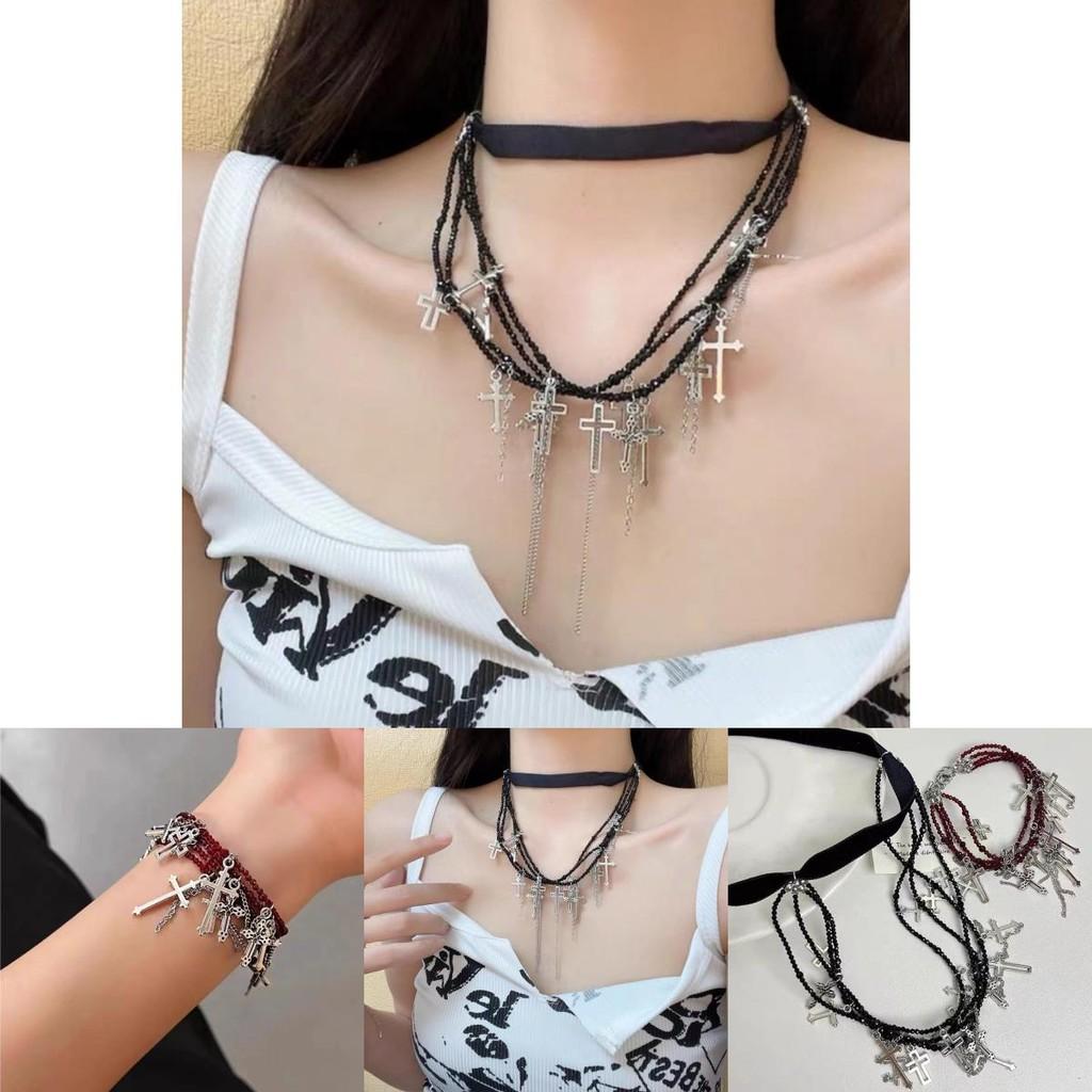 Punk Cross Dark Style Necklace Geometric Shape Tassel Choker For Souvenir Travel
