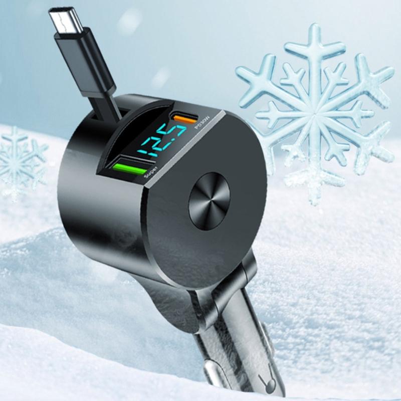 Портативное автомобильное зарядное устройство с выдвижным шнуром, поддержка быстрой зарядки PD30W, совместимость с широким диапазоном напряжений 12В-24В для телефонов
