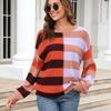 Autumn and Winter Women's Plus Size Pullover Splicing Stripes and Colour Collision Round Neck Knit Sweater
