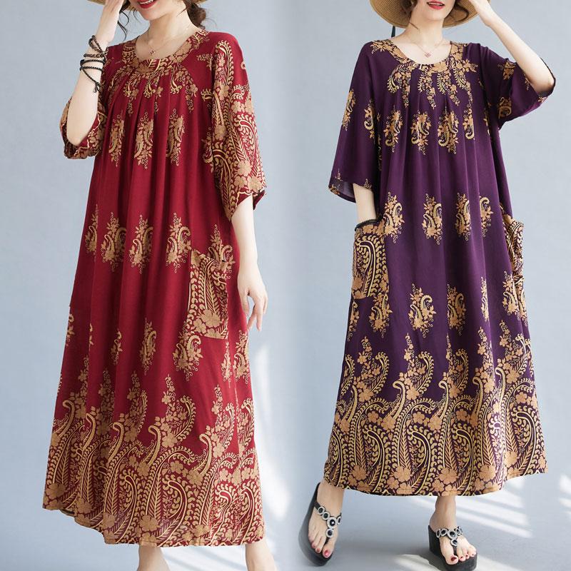 DIMANAF Большие размеры женское 2024 новое летнее хлопковое свободное платье винтажное платье с круглым вырезом базовые длинные платья оверсайз