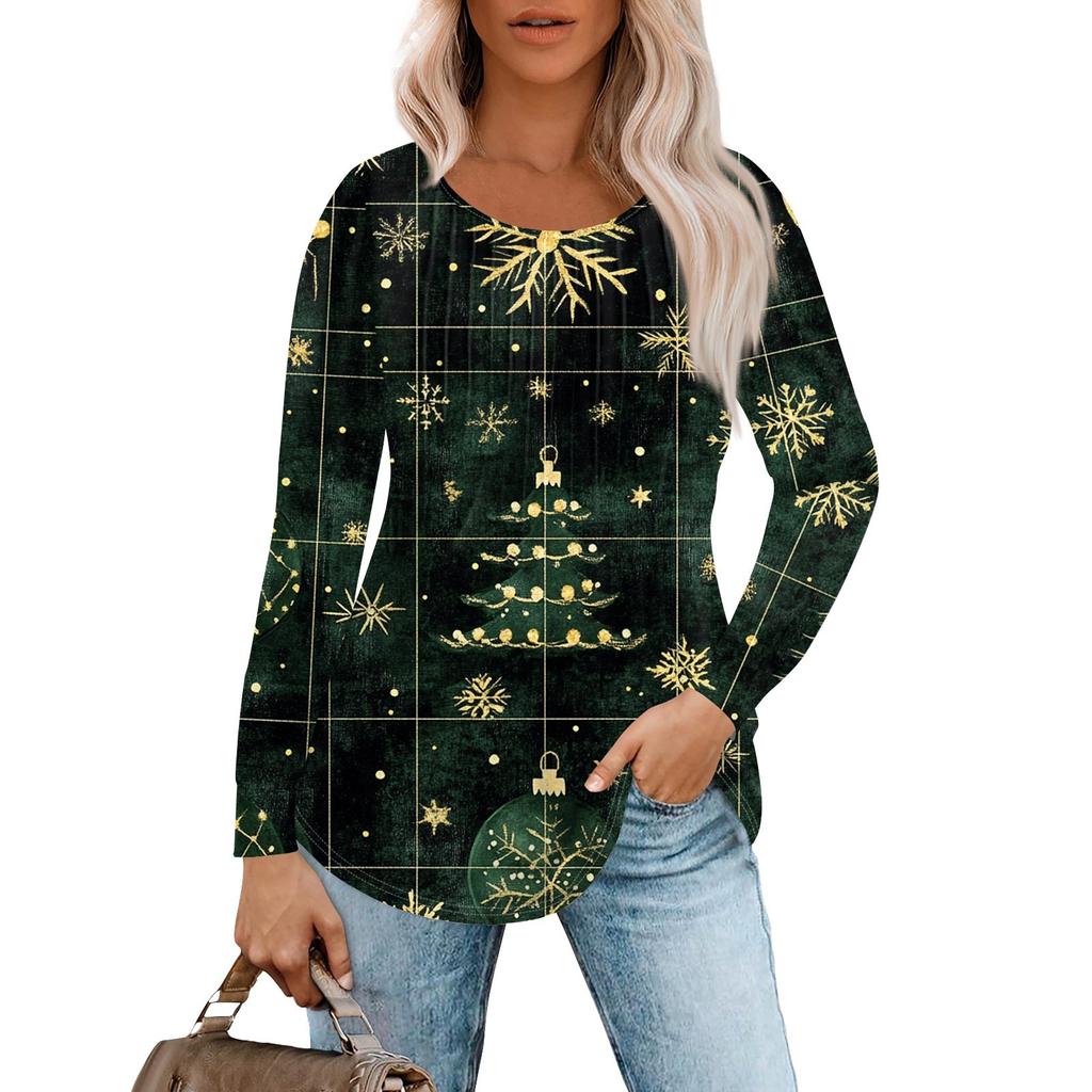Женская повседневная футболка с круглым вырезом и длинными рукавами с рождественским принтом и складками