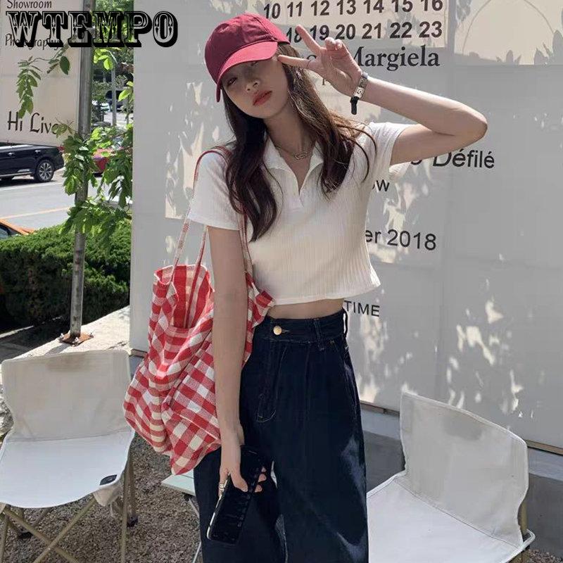 Шикарные футболки с воротником-поло, женские корейские укороченные топы в стиле Харадзюку, футболки на пуговицах, облегающие женские рубашки с короткими рукавами, уличная одежда