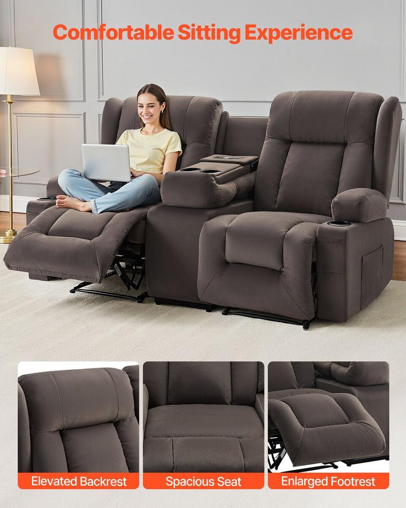 Loveseat Recliner Sofa, Power Reclining Couch with Heating & Massage, Suede Electric Recliner Sofa with Center Console, USB Ports, Cup Holders & Side
