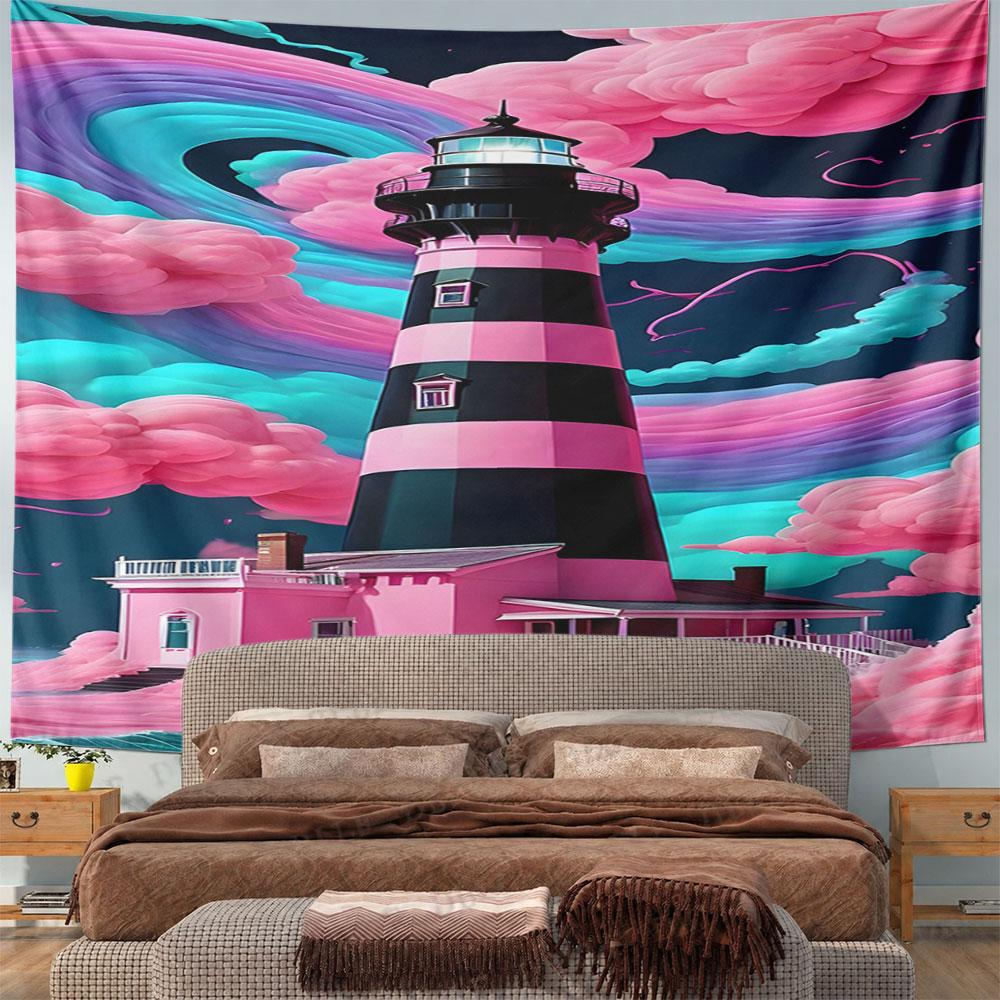 Pink Lighthouse with Vivid Sky Swirls Pattern Wall Hanging Tapestry Decorative Tapestry Home Decor for Bedroom and Living Room