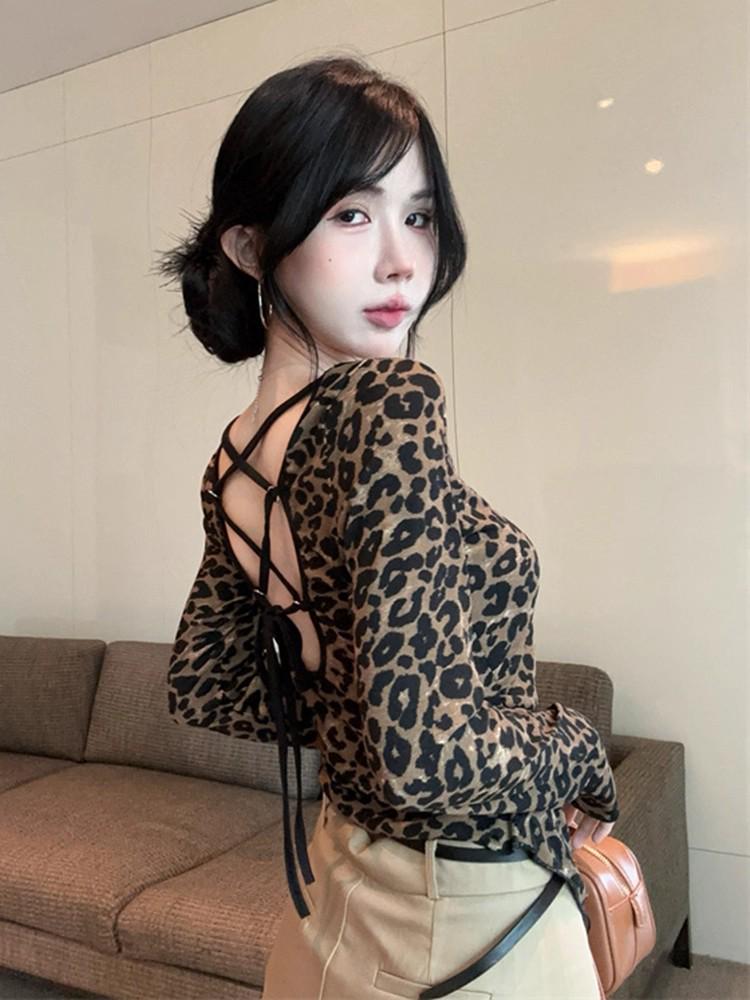 Chic Leopard Print Open-Back Tie-Up Long-Sleeve T-Shirt for Women - Autumn Edition