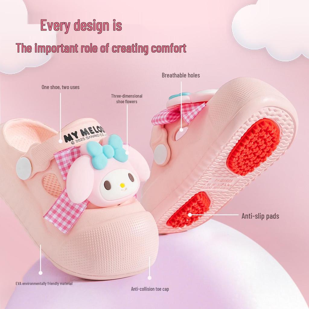 Летние тапочки для девочек Sanrio: Нескользящие клоги и сандалии с закрытым носком для использования в помещении и на улице