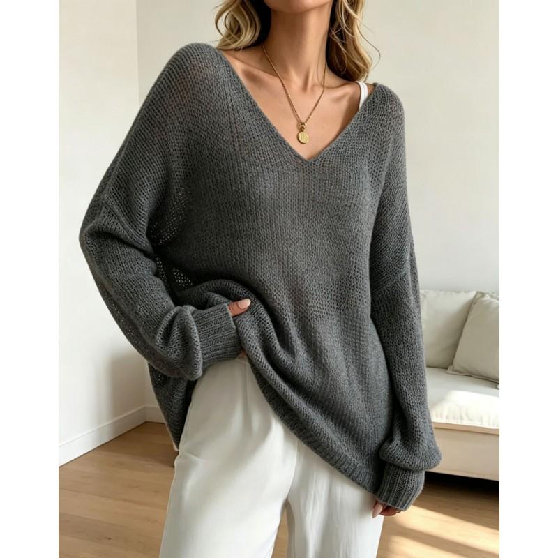 Womens Knit Sweater Fall Lazy Sheer Thin V-Neck Flared Sleeve Pullover Top