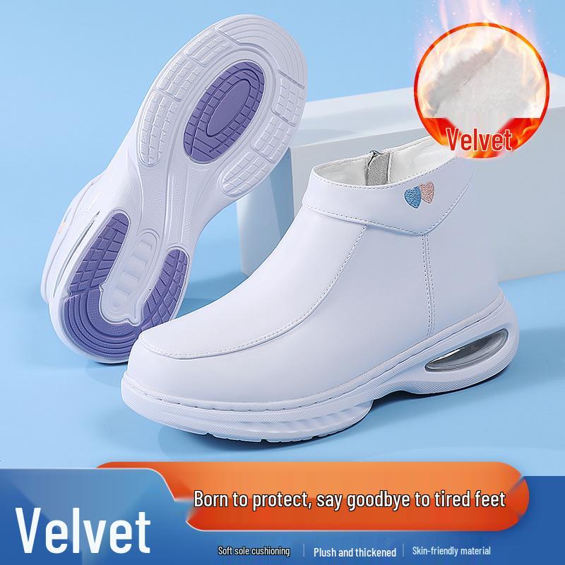 Women's Fleece-Lined Nurse Shoes: Soft Sole, Air Cushion Ankle Boots, Thick Sole, Height-Increasing, Winter Medical Work Shoes.