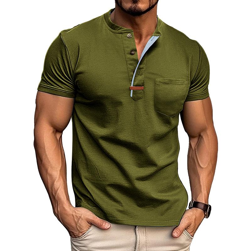 Summer Men's Henry Collar T-Shirts Solid Color Short Sleeve Tees Tops Men
