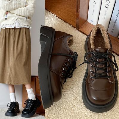 Бархатные туфли в стиле колледжа, женские осенне-зимние новые туфли из овечьей шерсти на толстой подошве с увеличением высоты, лоферы на шнуровке