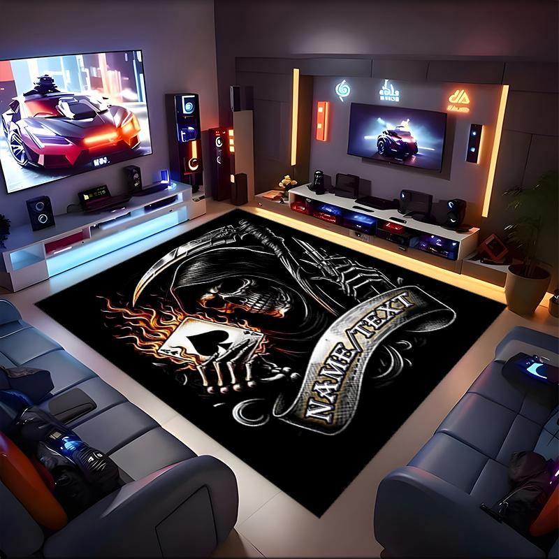 1PC Custom Name "Skull Flames: Grim Reaper Art" Theme Floor Mat Ideal for Living Room, Game Rooms, Office, Bedroom,Floor Mat Playful Design